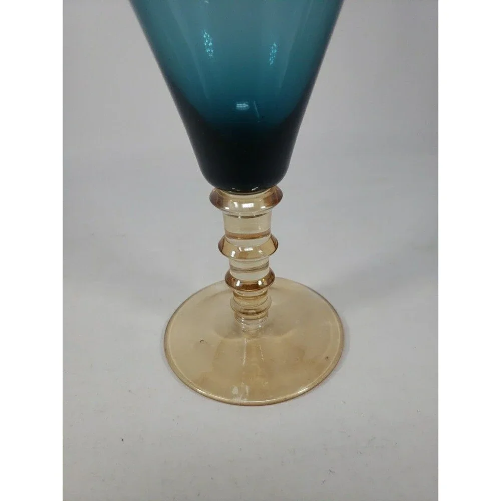 Vintage MCM Smoky Blue Glass Goblet Amber Stepped Ribbed Stem 2-Tone Wine Glass